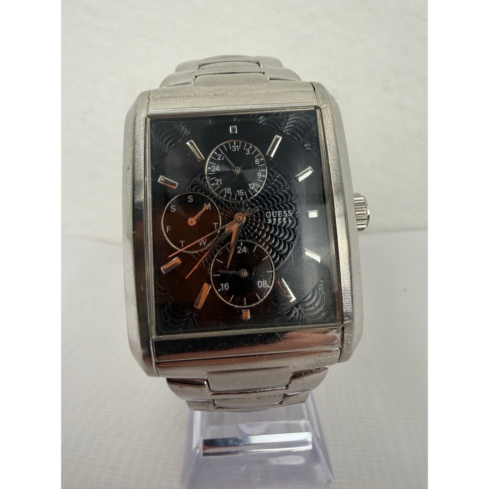Guess Steel Mens Watch Black Dial Rectangular Silver Tone G95291G Working
